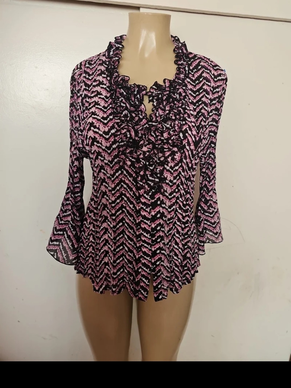 Allison Taylor Pink and Black Ruffle Chevron Blouse